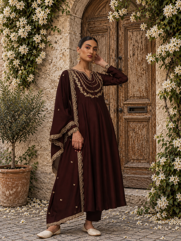 Brown Embroidered Vichitra Silk Anarkali Suit Set