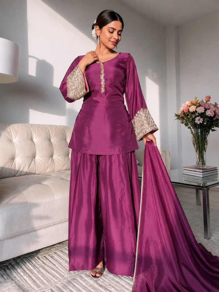 Wine Embroidered Kurta Pant Set