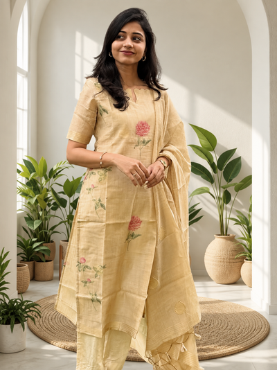 Beige Tissue Silk Floral Embroidered Kurta Pant Set