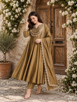Gold Embroidered Vichitra Silk Anarkali  Suit Set