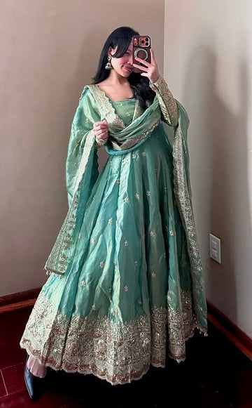 Pistachio Mist Elegant Fandy Silk Anarkali Suit Set