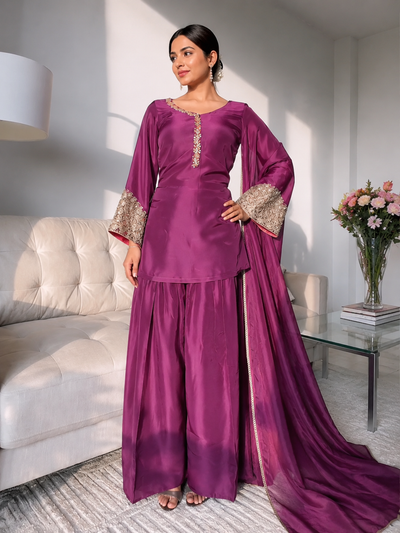 Wine Embroidered Kurta Pant Set