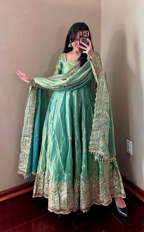Pistachio Mist Elegant Fandy Silk Anarkali Suit Set