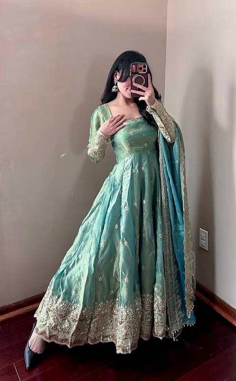 Pistachio Mist Elegant Fandy Silk Anarkali Suit Set