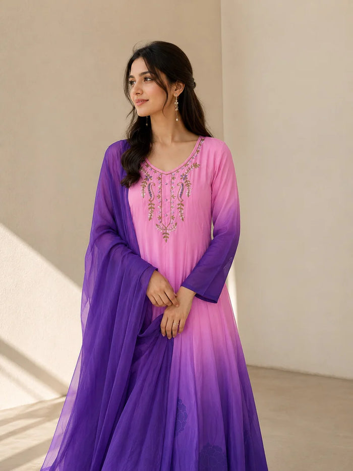 Pink & Royal Purple Embroidered Anarkali Suit Set