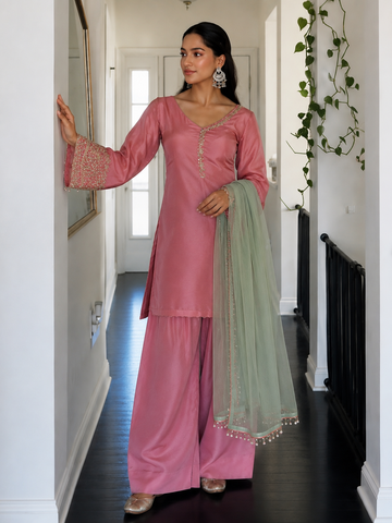 Pink Embroidered Kurta Pant Set