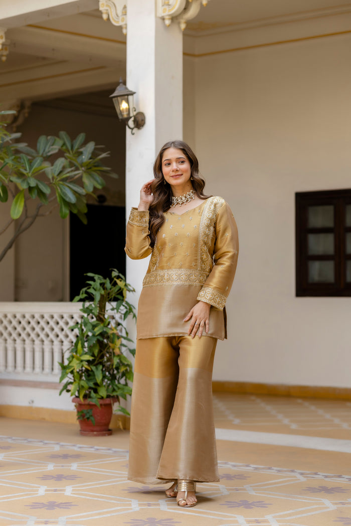 Golden Banarasi Embroidered Palazzo Set