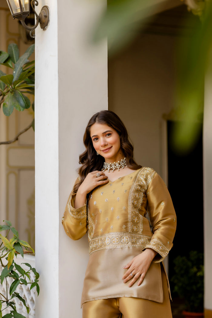 Golden Banarasi Embroidered Palazzo Set