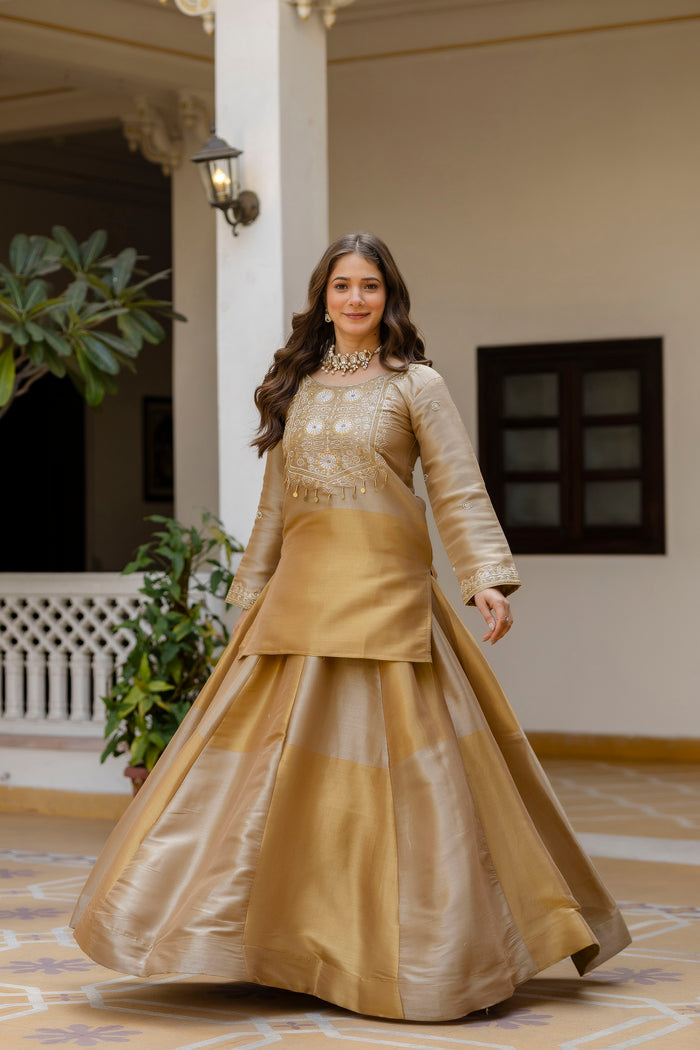 Golden Banarasi Viscose Embroidered Suit Set