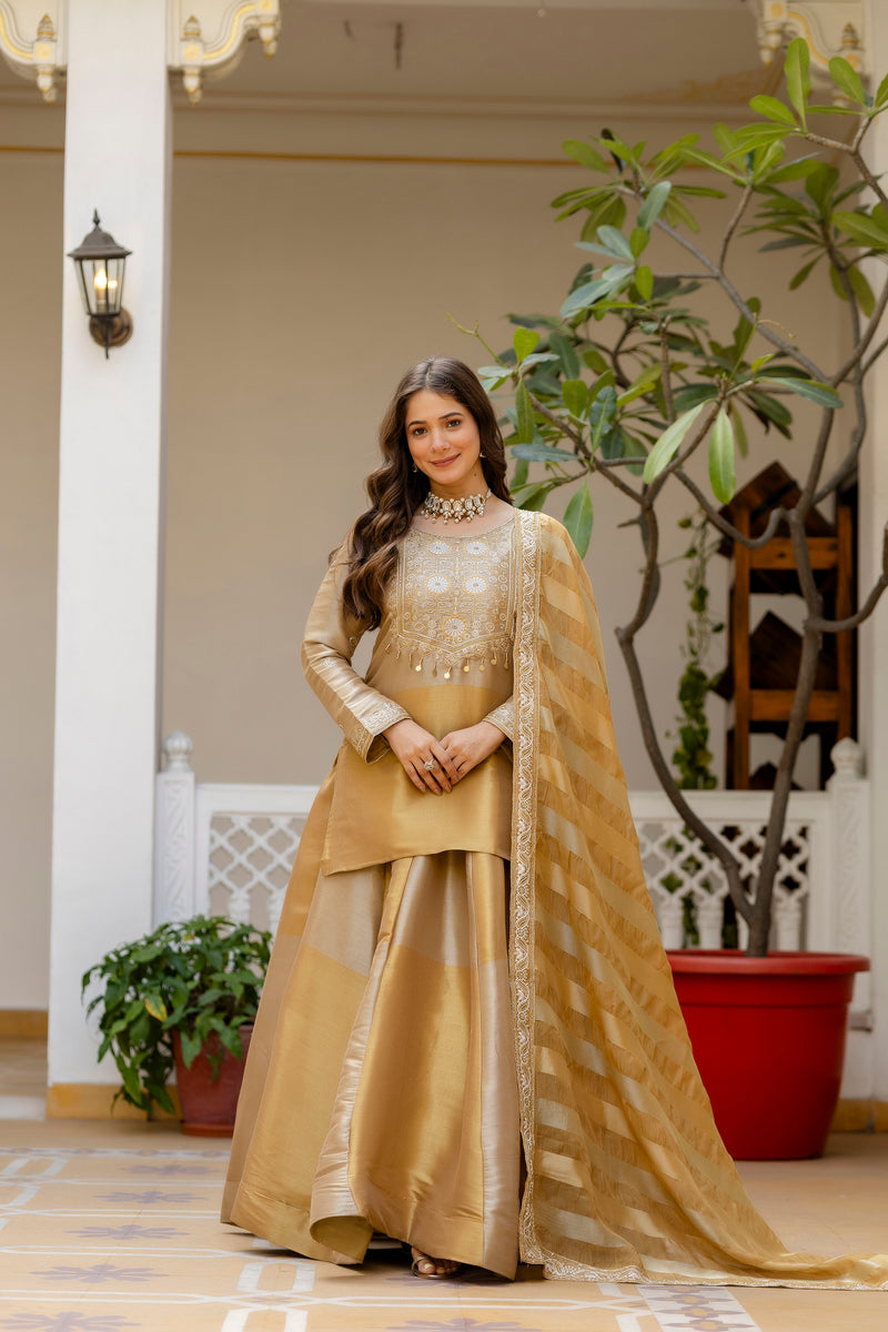Golden Banarasi Viscose Embroidered Suit Set