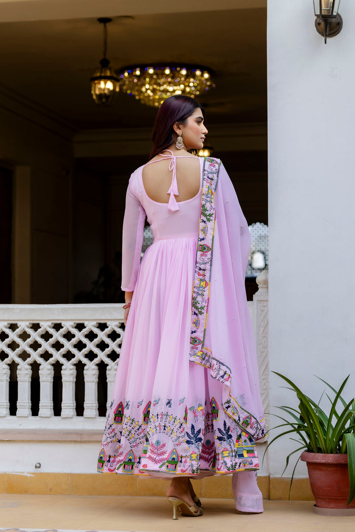 Baby Pink Embroidered Faux Georgette Anarkali Gown Set