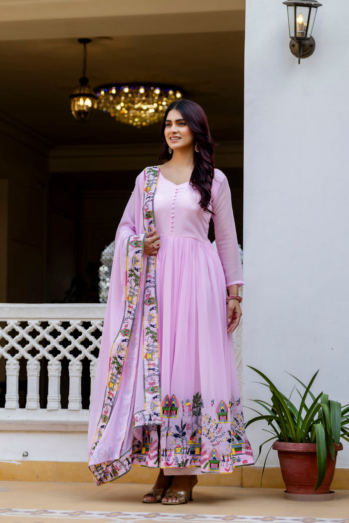 Baby Pink Embroidered Faux Georgette Anarkali Gown Set