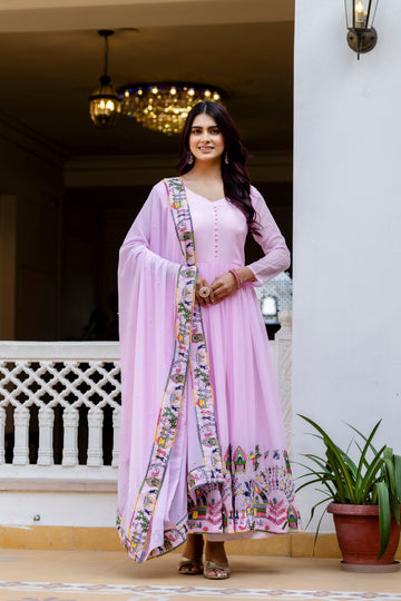 Baby Pink Embroidered Faux Georgette Anarkali Gown Set