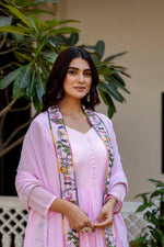 Baby Pink Embroidered Faux Georgette Anarkali Gown Set