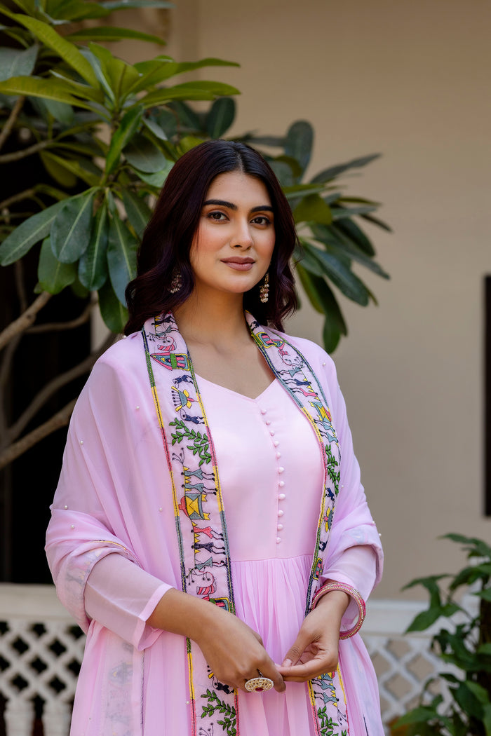 Baby Pink Embroidered Faux Georgette Anarkali Gown Set