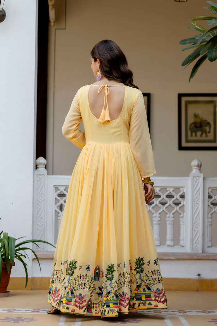 Pastel Yellow Embroidered Faux Georgette Anarkali Gown Set