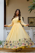 Pastel Yellow Embroidered Faux Georgette Anarkali Gown Set