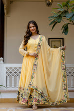 Pastel Yellow Embroidered Faux Georgette Anarkali Gown Set