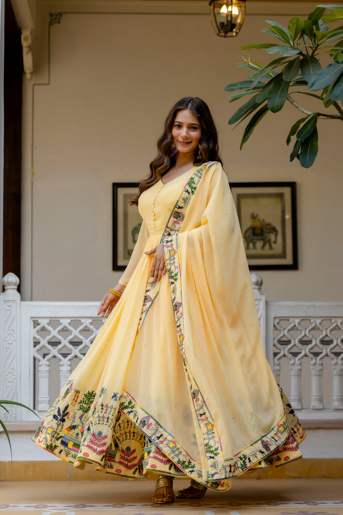 Pastel Yellow Embroidered Faux Georgette Anarkali Gown Set