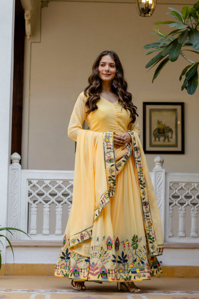 Pastel Yellow Embroidered Faux Georgette Anarkali Gown Set