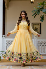Pastel Yellow Embroidered Faux Georgette Anarkali Gown Set