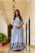 Sky Blue Chinon Embroidered Suit Set