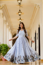 Sky Blue Chinon Embroidered Suit Set