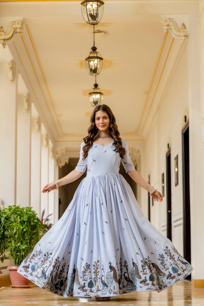 Sky Blue Chinon Embroidered Suit Set