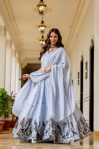 Sky Blue Chinon Embroidered Suit Set