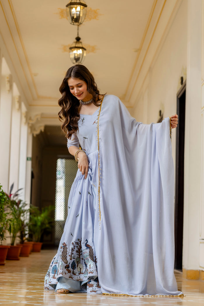 Sky Blue Chinon Embroidered Suit Set