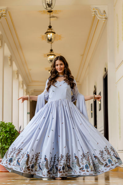 Sky Blue Chinon Embroidered Suit Set