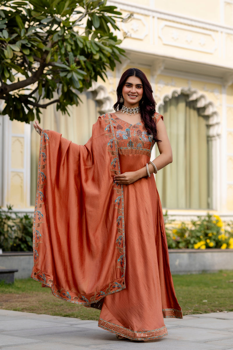 Rust Orange Vichitra Silk Embroidered Anarkali Gown Set