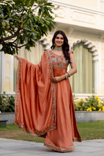 Rust Orange Vichitra Silk Embroidered Anarkali Gown Set