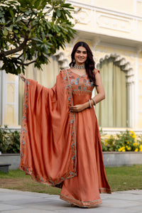 Rust Orange Vichitra Silk Embroidered Anarkali Gown Set