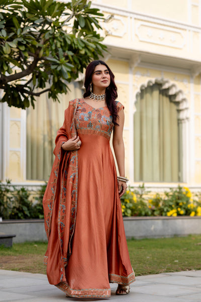 Rust Orange Vichitra Silk Embroidered Anarkali Gown Set