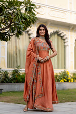 Rust Orange Vichitra Silk Embroidered Anarkali Gown Set