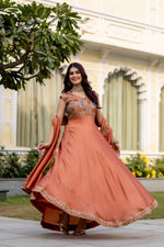 Rust Orange Vichitra Silk Embroidered Anarkali Gown Set