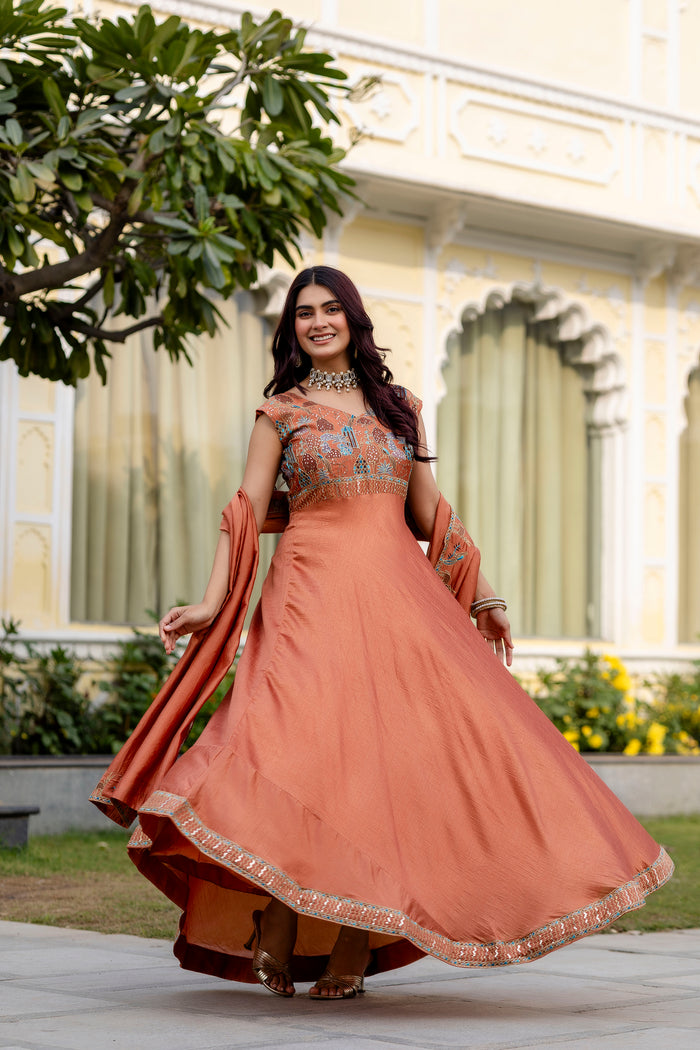 Rust Orange Vichitra Silk Embroidered Anarkali Gown Set