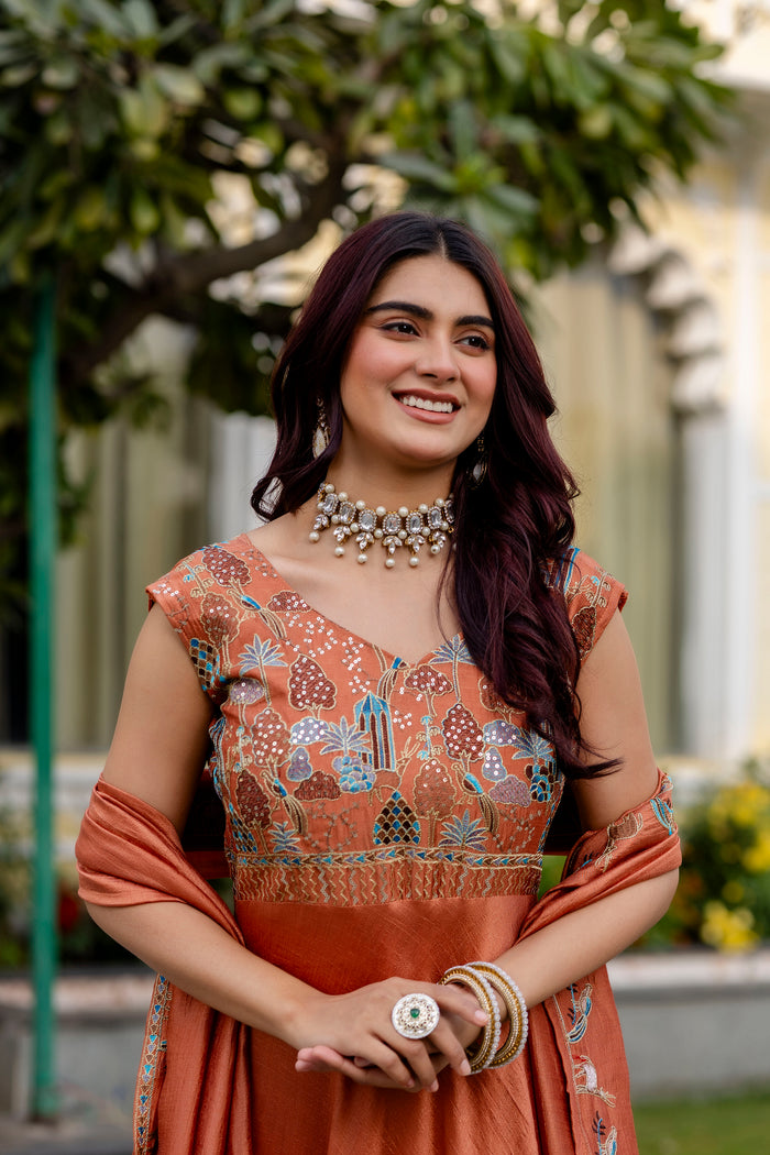 Rust Orange Vichitra Silk Embroidered Anarkali Gown Set