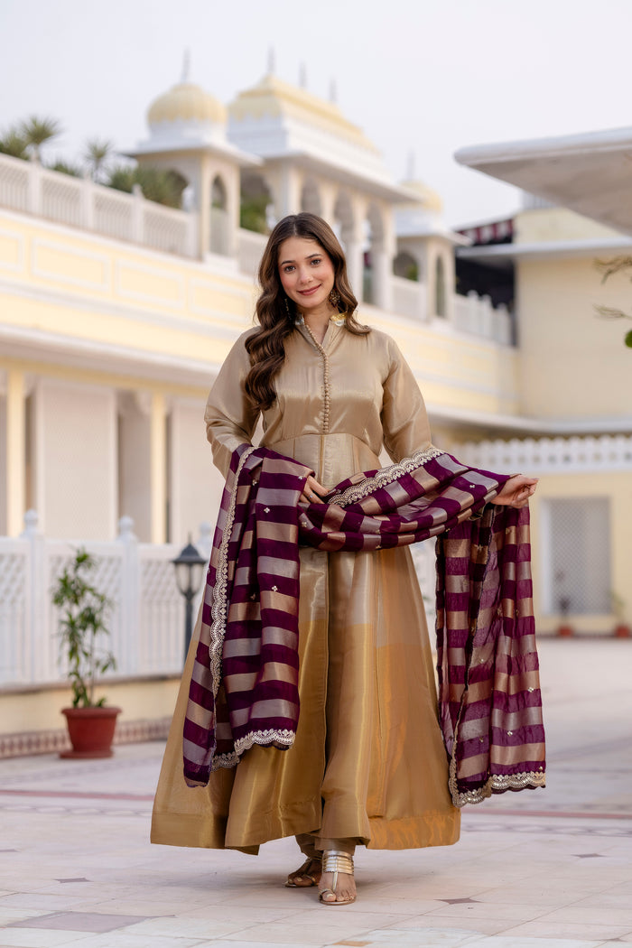 Wine Banarasi Viscose Anarkali Suit Set