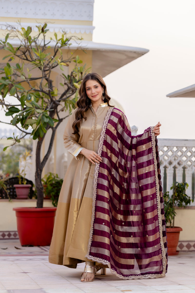 Wine Banarasi Viscose Anarkali Suit Set