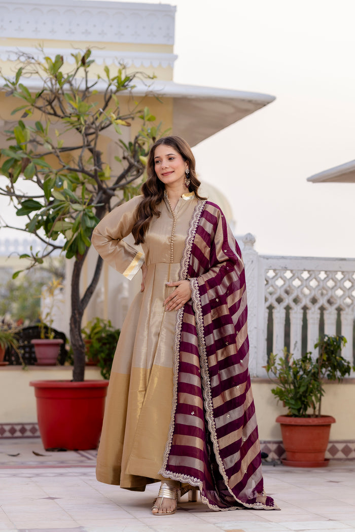 Wine Banarasi Viscose Anarkali Suit Set