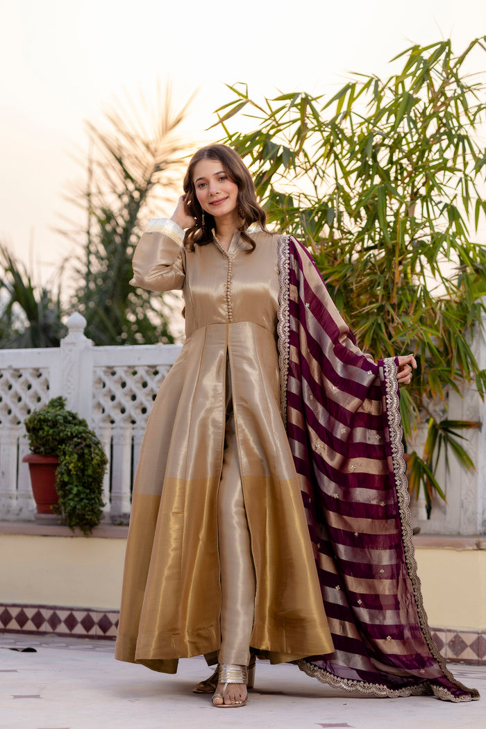 Wine Banarasi Viscose Anarkali Suit Set