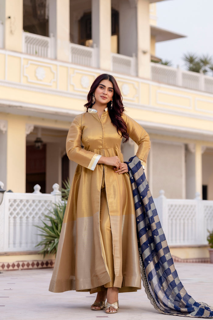 Navy Blue Banarasi Viscose Anarkali Suit Set