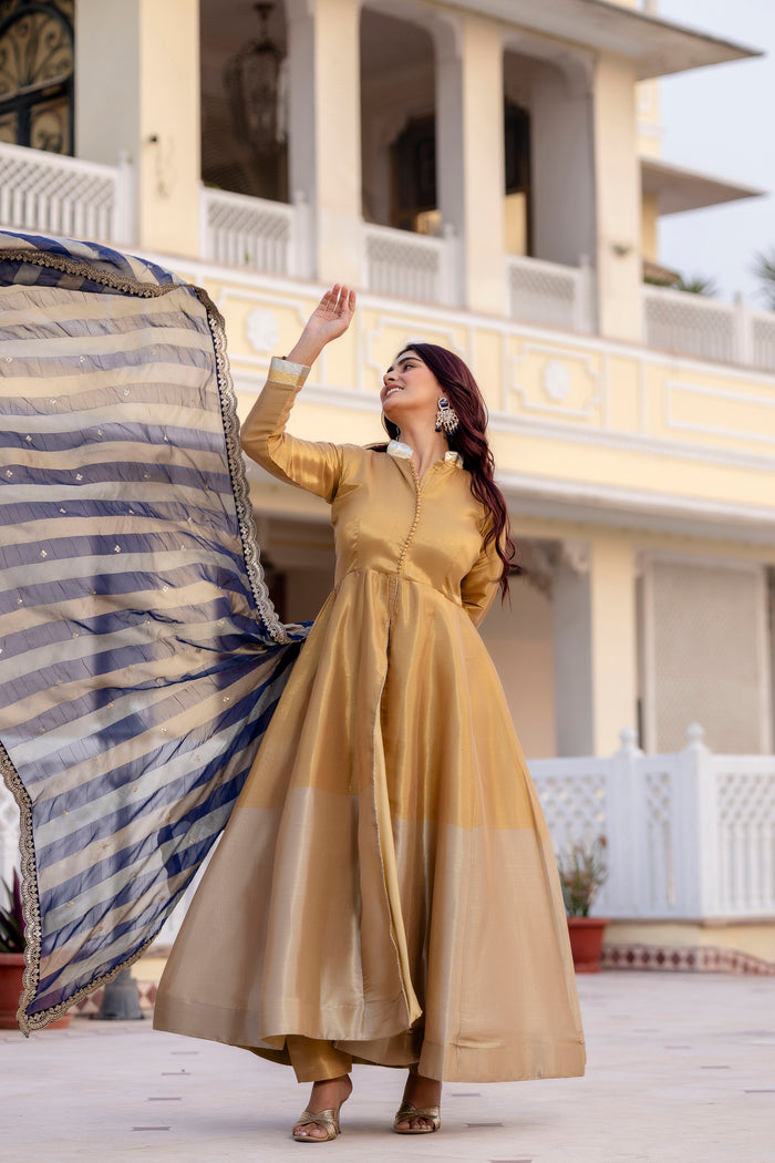 Navy Blue Banarasi Viscose Anarkali Suit Set