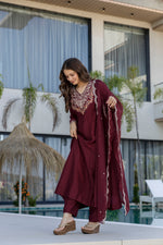 Maroon Embroidered Chinon Kurta Pant Set