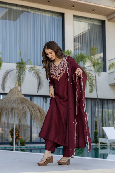 Maroon Chinnon Embroidered Kurta Set