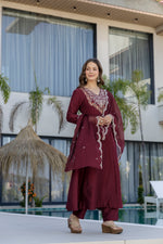Maroon Embroidered Chinon Kurta Pant Set
