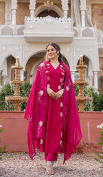 Rani Pink Floral Printed Chanderi Kurta Set
