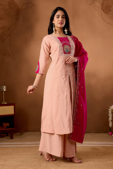 Elegant Peach Roman Silk Kurti Set